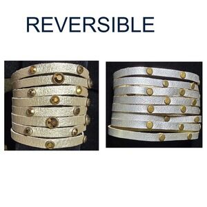 NEW 1 reversible layered faux leather copper cuff bracelet snaps 2" gold silver